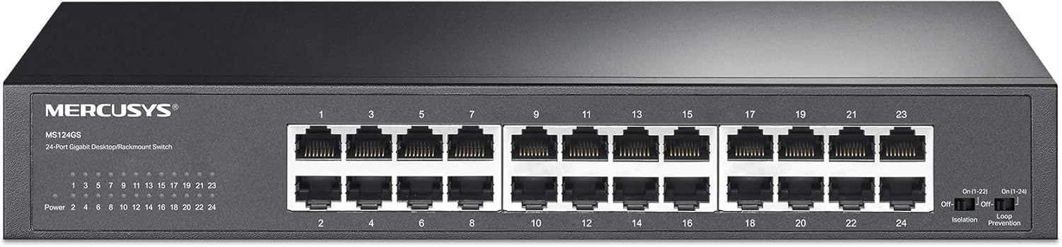 SWITCH GIGABIT 24 PORTE MERCUSYS MS124GS, MONTAGGIO DESKTOP O RACK, PLUG & PLAY, PRIORITÀ DEL TRAFFICO, PREVENZIONE LOOP, MODALITÀ DI ISOLAMENTO, FUNZIONAMENTO SILENZIOSO, CASE IN METALLO